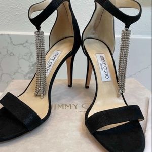 Jimmy Choo Viola Suede Crystal Tassel Cocktail Sandals Black 8.5B/ 38.5EU